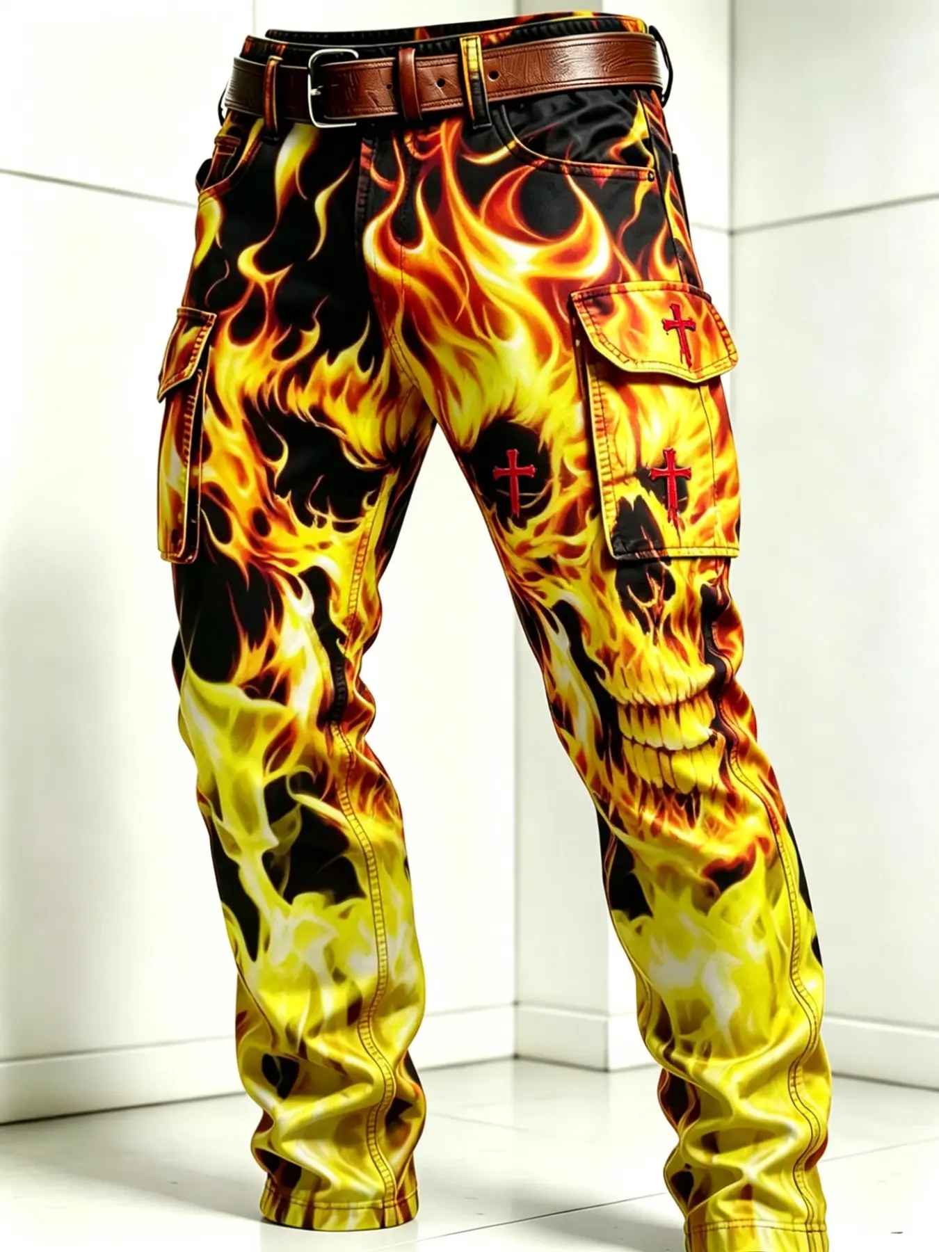 Graduated Flame Skull Cross Full-Print Work Pants, Heavy Metal Punk Multi-Pocket Straight Leg Men's Casual Pants, Fall & Winter