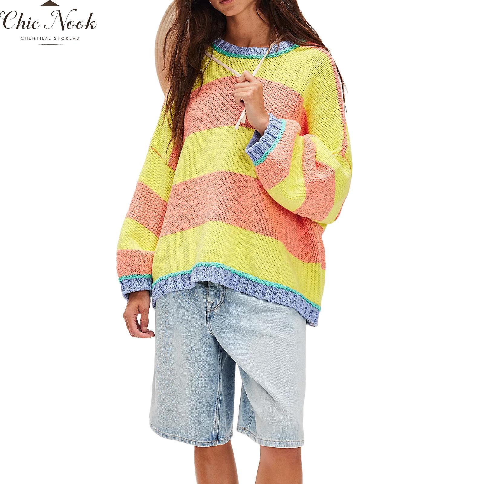 Women Cute Crew Neck Sweaters Casual Striped Loose Warm Pullover Basic Knitwear for Fall Streetwear