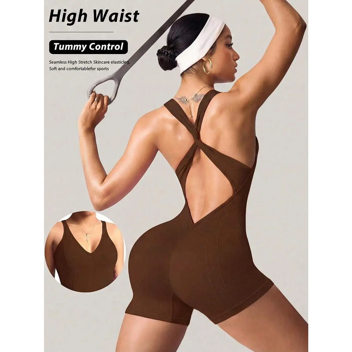Women's Seamless Backless Sleeveless Solid Color Sports Jumpsuit - Padded, Tummy Control, Polyamide Knit, Machine Wash for Yoga & Workout