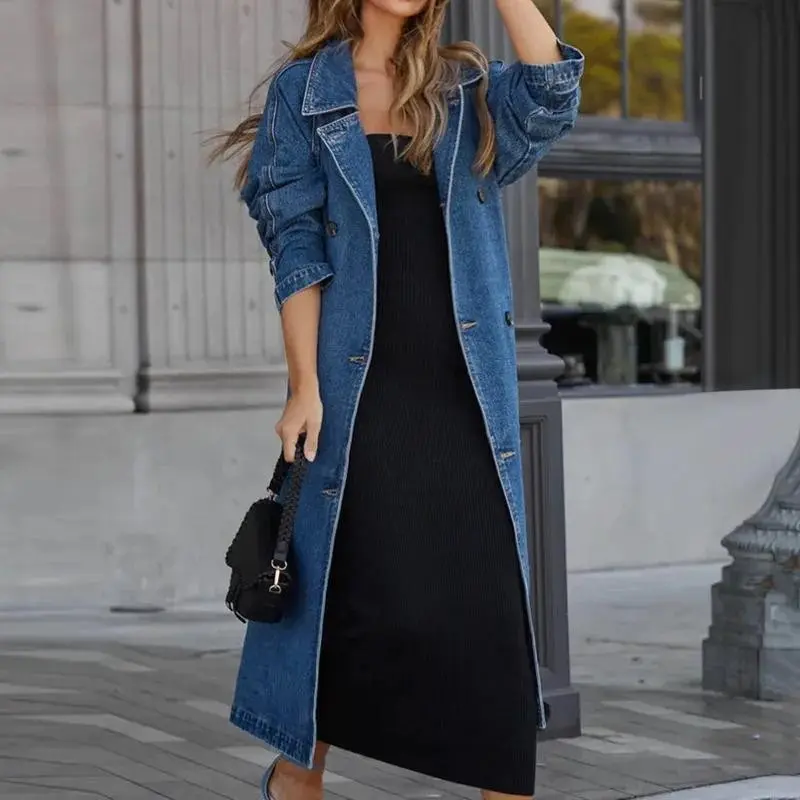 Women's Vintage Long Loose Fit Double Breasted Denim Lapel Belted Trench Coat Outerwear Clothing