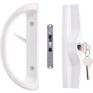 Sliding Patio Door Handle Set with Key Cylinder and Mortise Lock, Full Replacement Handle Lock Set Fits Door Thickness from 1-1/2" to 1-3/4", 3-15/16” Screw Hole Spacing, Reversible Design(Non-Handed)