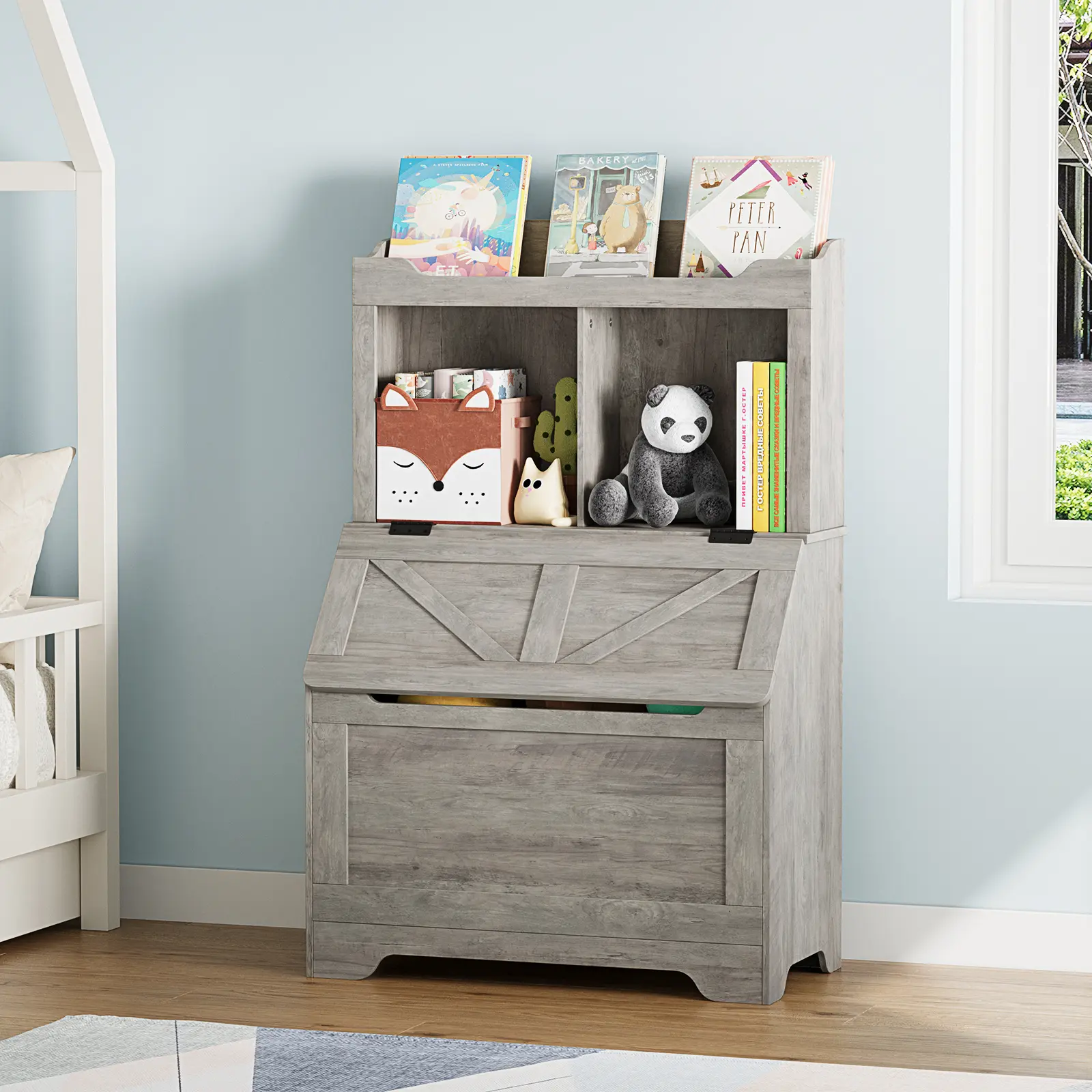 Turn-Top Lid Kids Storage Cabinet, 2-Cubby Bookshelf & Toy Organizer. Sturdy & child-friendly, compact design fits playroom, nursery, bedroom and kindergarten perfectly.