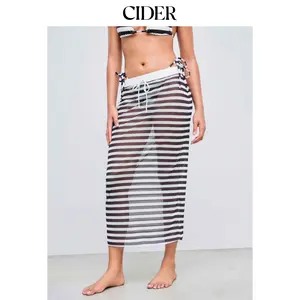 Cider Mesh Striped Knotted Cover Up Skirt