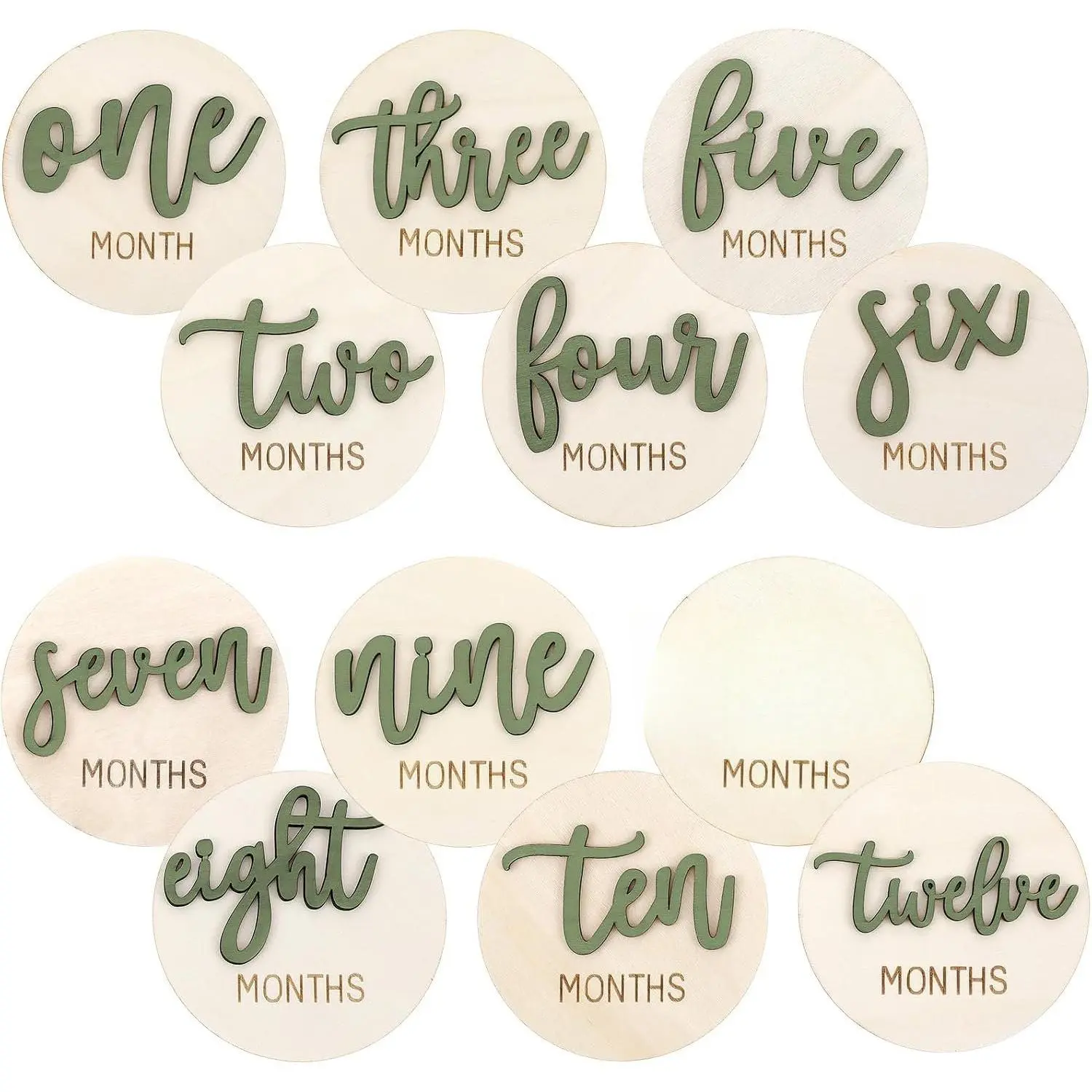 6 count  Monthly Milestone Cards, Double Sided Wooden  Milestone Cards Signs for Photos Announcement Sign 1-12 Months Photography Photo   (Green)