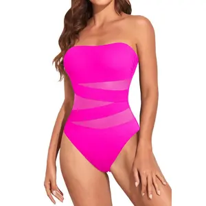 Holipick Women Strapless Bandeau One Piece Swimsuits Sexy Mesh Cutout Bathing Suits Tummy Control Swimwear DealsForYouDays