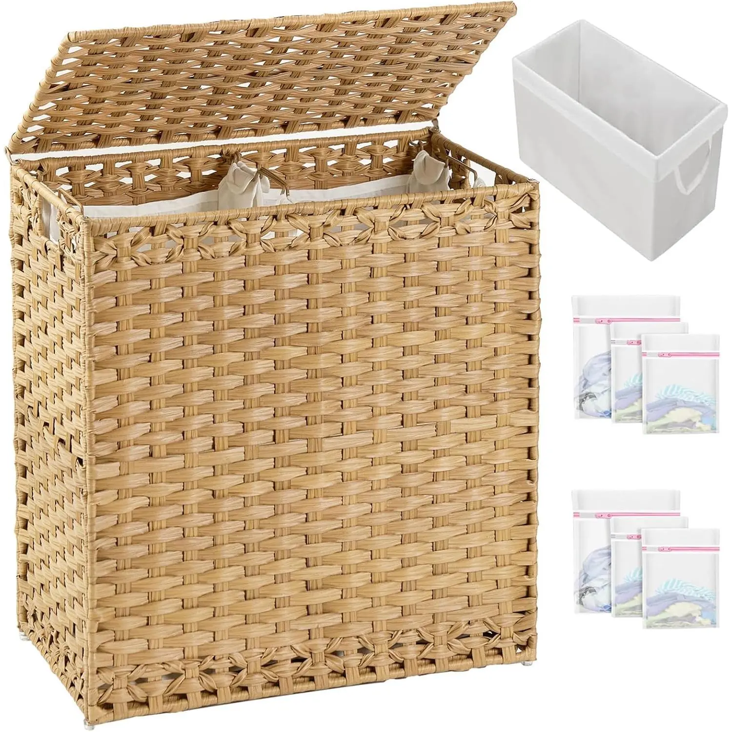 Laundry Hamper with Lid Wicker Laundry Basket 112 L (29.6 Gal) Laundry Hampers Handwoven Rattan Clothes Hamper with Handles 3 Removable Liner Bag, 6 Mesh Bags for Bathroom Bedroom