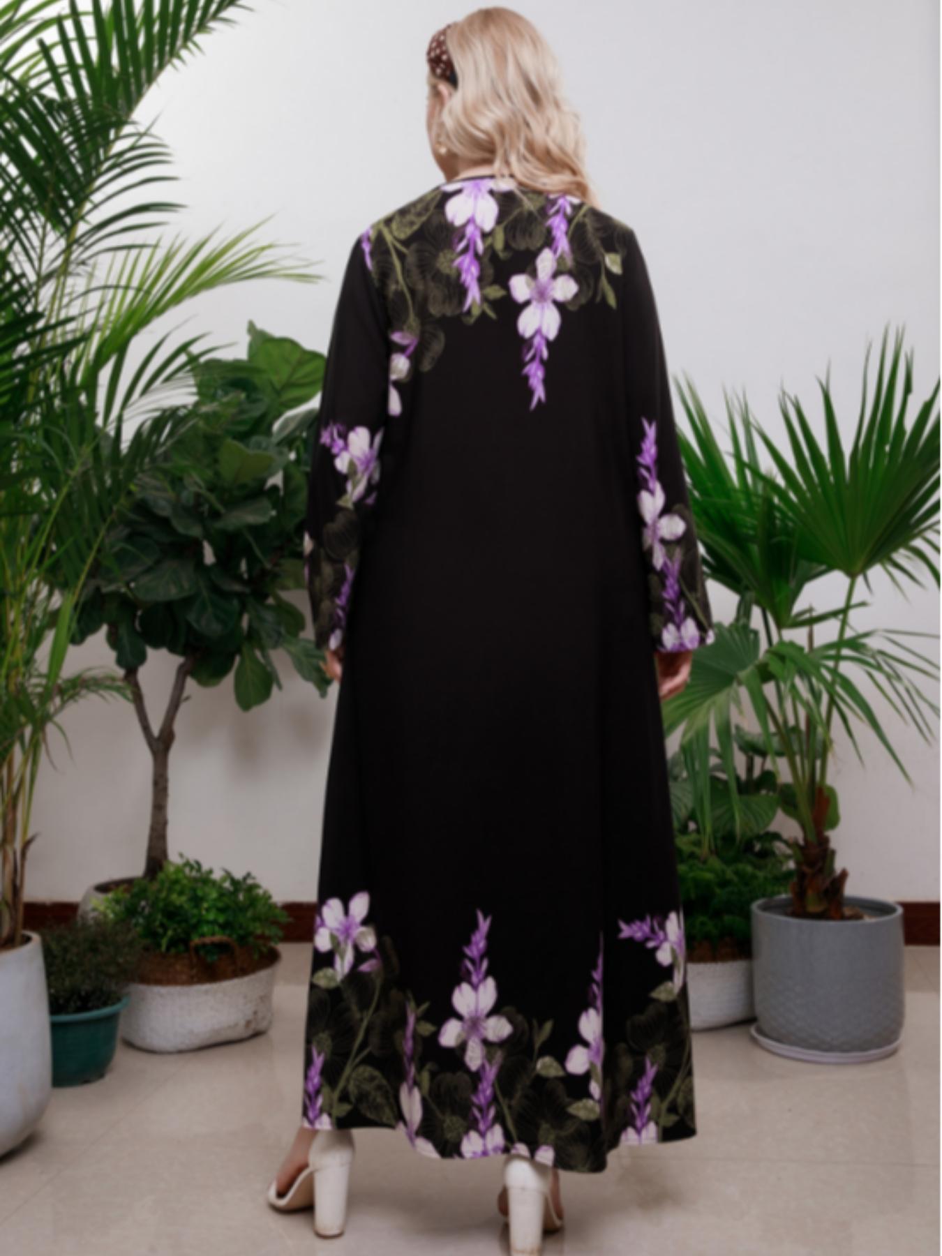Plus Size Floral Print Long Sleeve Round Neck Tunic Dress, Casual Loose Long Dresses for Women Daily Wear, Ladies Clothes Spring Autumn Fashion