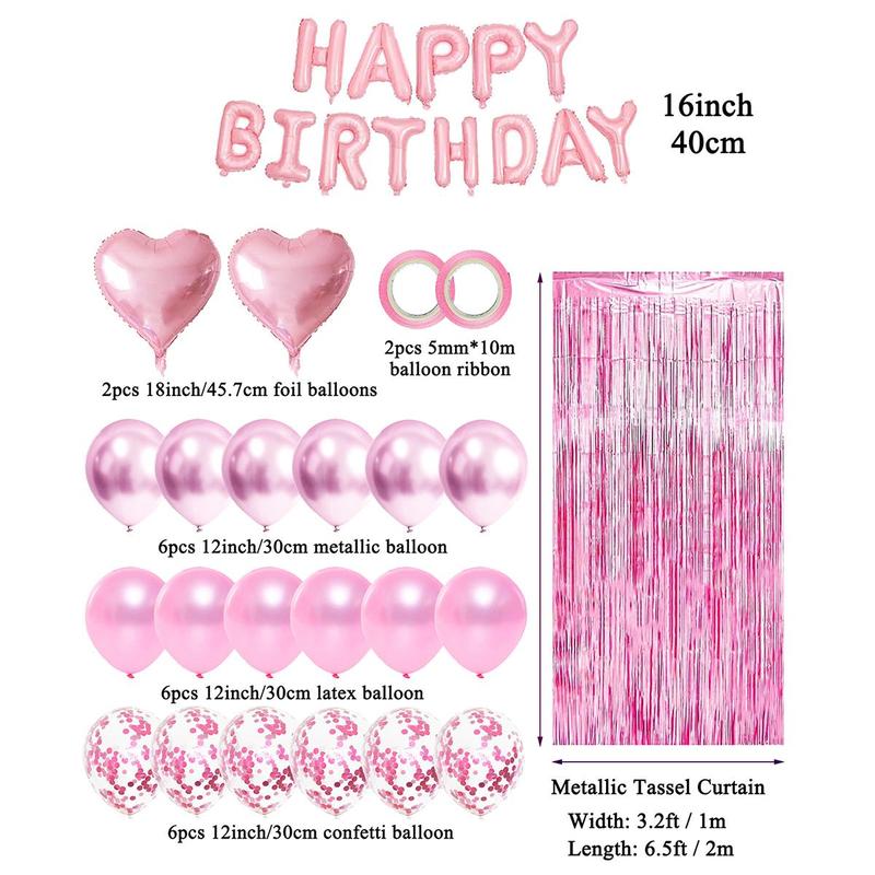 Happy Birthday Party Decoration Set, Including Happy Birthday Letter Balloon, Heart Balloon, Mixed Color Decorative Metallic Balloon, Ribbon & Metallic Tassel Curtain