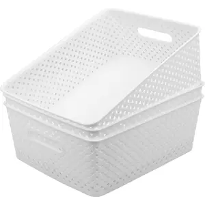 Organization and Storage 3 Packs, Plastic Bins Organizer Bins, Woven Baskets for Storage, Plastic Baskets with Handles, White Basket for Organizing, Basket Organizer for Home and Office, Large