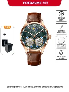 CAREKISO Men's Fashion Hollow Tourbillon Automatic Mechanical Watch Waterproof Night Light Watch+Box High Quality Leather Strap Men's Watch