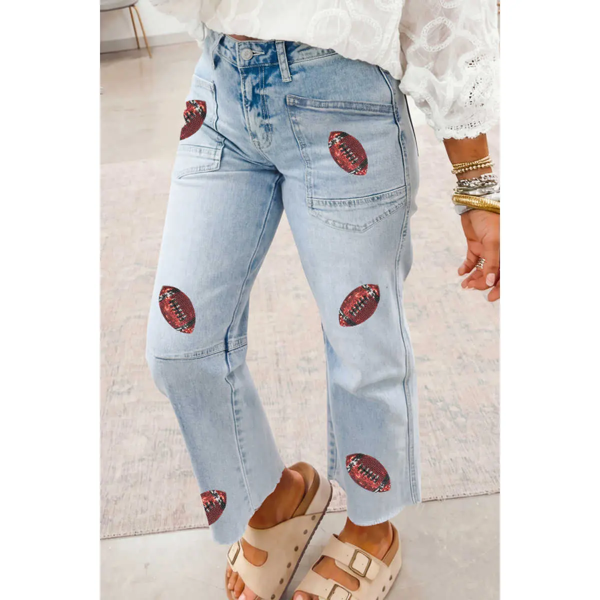 Beau Blue Sequin Rugby Pattern Raw Hem Casual Jeans