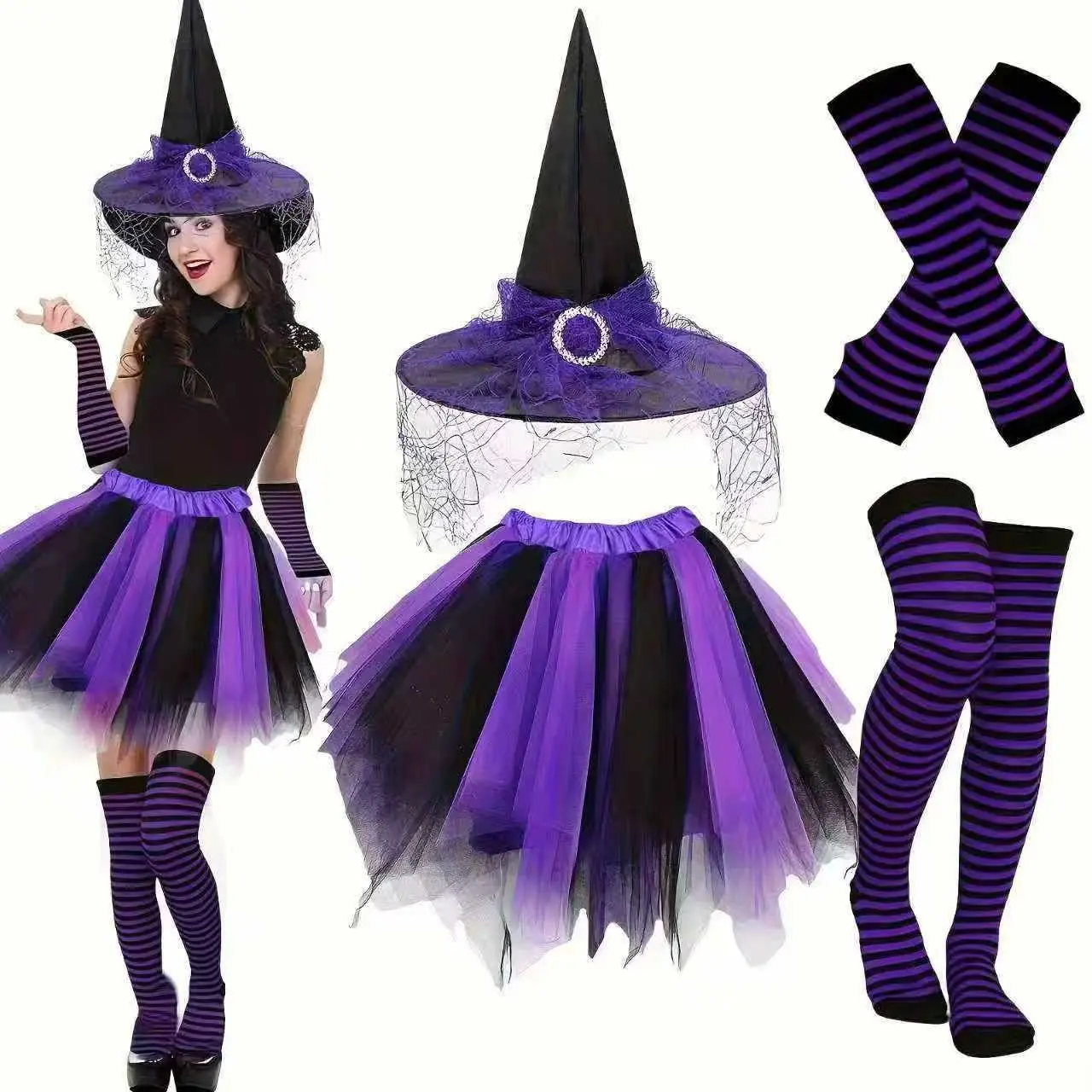Women's Halloween Witch Costume Set (4 Pieces), Sheer Dress, Witch Hat, Striped Over-The-Knee Socks, Arm Sleeves, Party Role Play