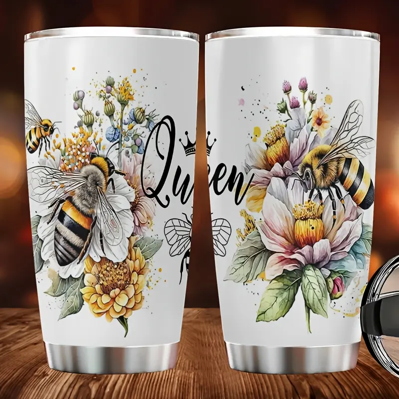 1pc 20 oz Stainless Steel Tumbler with Bee & Sunflower Design – Car Coffee Cup with Lid and Straw, Suitable for Outdoor Activities and All Occasions – Perfect Gift for Valentine’s Day, Mother’s Day and Sisters