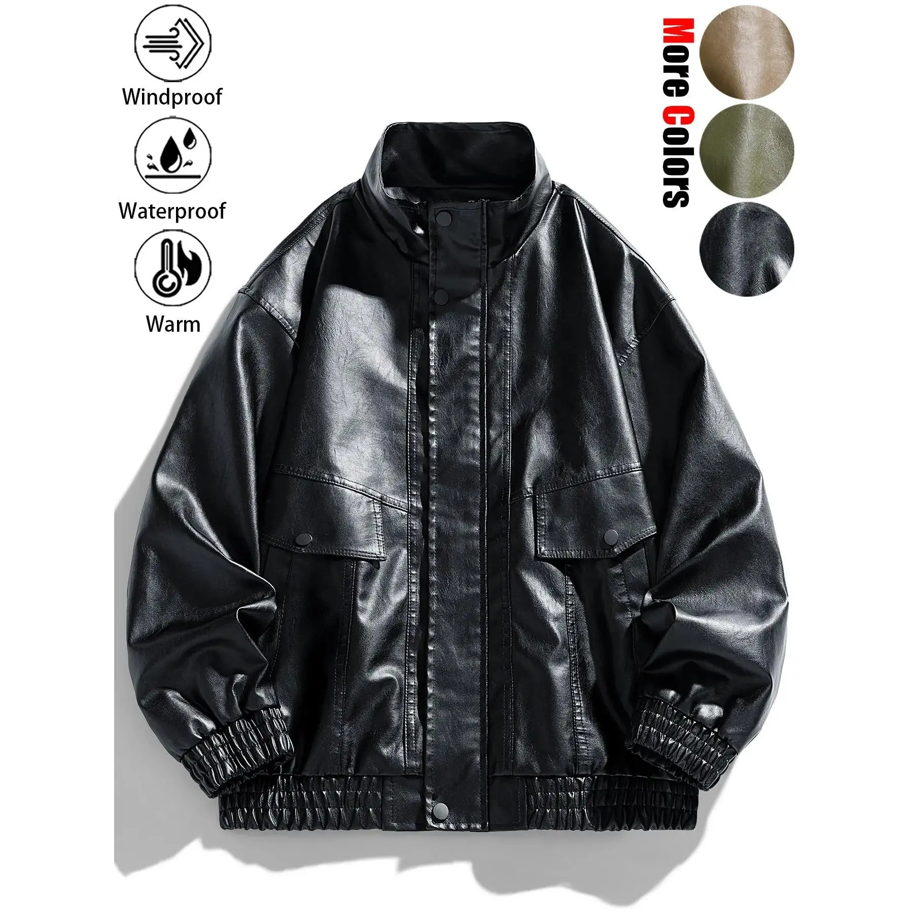 Unisex PU Leather Motorcycle Jacket - Baggy Oversized Loose Fit Outerwear with Zipper, Windproof, Water-Resistant for Outdoor Sports, Coats, Motocross, Tops, Menswear, Plain, Long Sleeve, Leather & Faux Leather