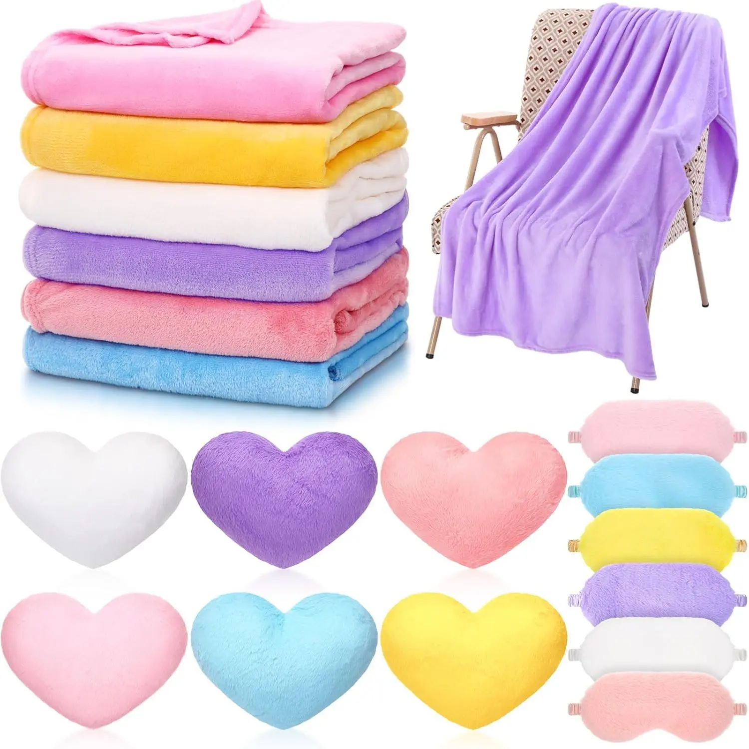 18 count  Sleepover Party Supplies Set for Girls Fleece Soft Blankets  Heart Throw Pillow Plush Sleep Eye Mask for  Camping Birthday Favors(Light Color)