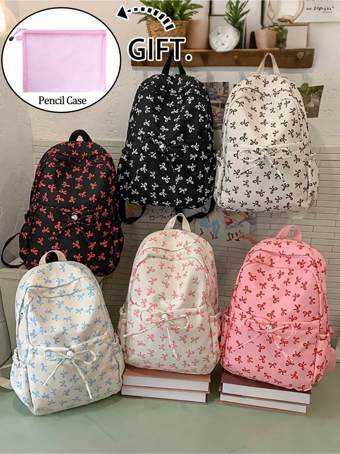 Cute Cartoon Butterfly Knot Backpack Set, Pencil Case, Transparent Mesh Bag, Multi-Function Makeup Bag, Waterproof Zipper, Back-To-School