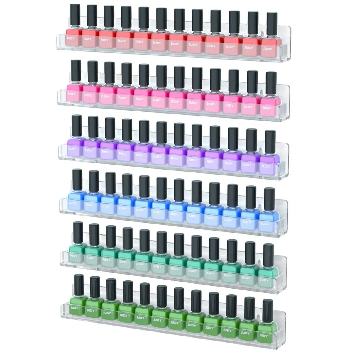 Wall Mounted Nail Polish Organizer Shelf, 6 Pack 15 Inch Acrylic Nail Polish Rack with Removable Anti-Slip End Inserts, Clear Display Holds 90 BottlesGift