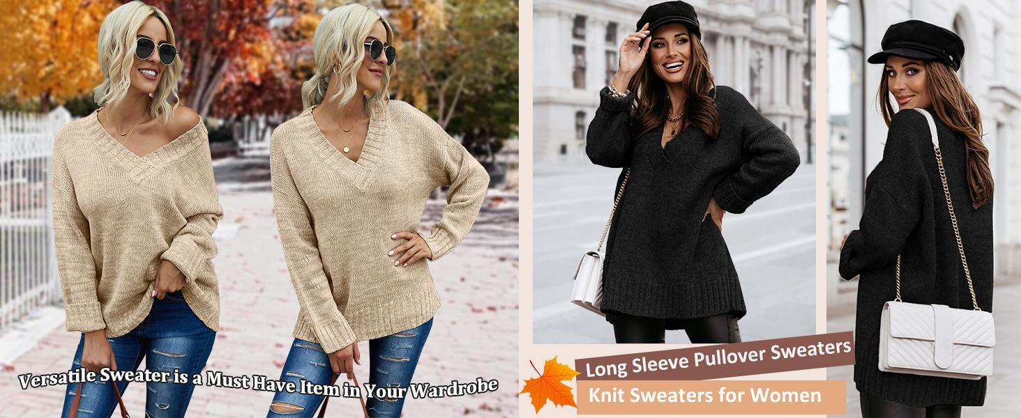 Imily Bela Womens Loose Sweaters Sexy V Neck Long Sleeve Solid Knitted Jumper Pullover Sweatshirt Tops