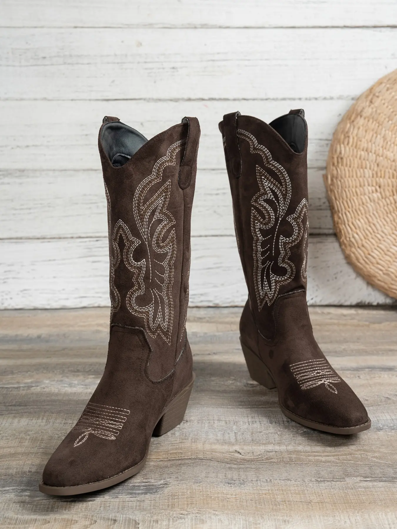 Women's Mid-Calf Western Boots, Embroidered Cowboy Boots, Classic Retro Floral Embroidery, Non-Slip Chunky Heel, Comfortable Pointed Toe, Vintage American Style, Cowgirl Western Boots