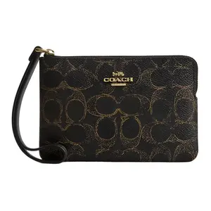COACH Corner Zip 15 Classic Monogram Handbag for Women – Small Black and Brown Leatherette Clutch with Gold Logo