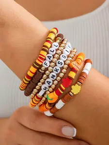 7 Piece Thanksgiving Creative Turkey Pendant Bracelet Set, Colorful Letter Pumpkin Wristband Jewelry, Unique Handmade Accessories