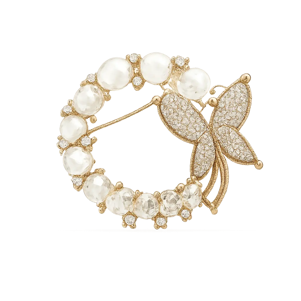 14K Gold Plated Elegant Pearl Butterfly Brooch Pin for Women Luxury Sparkling CZ Rhinestone Wreath Circular Corsage Suit Coat Lapel Pin Festival Gift