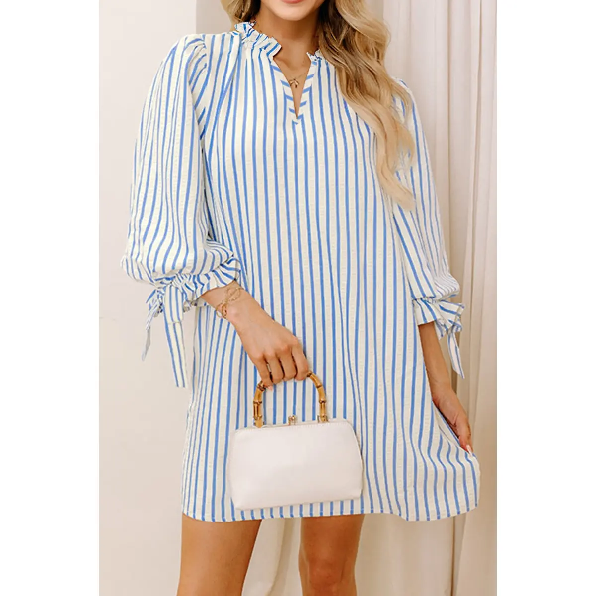 Women's Casual Striped Shift Mini Dress in Polyester, Classic Long Sleeve Style with Notched Neck and Knotted Cuffs