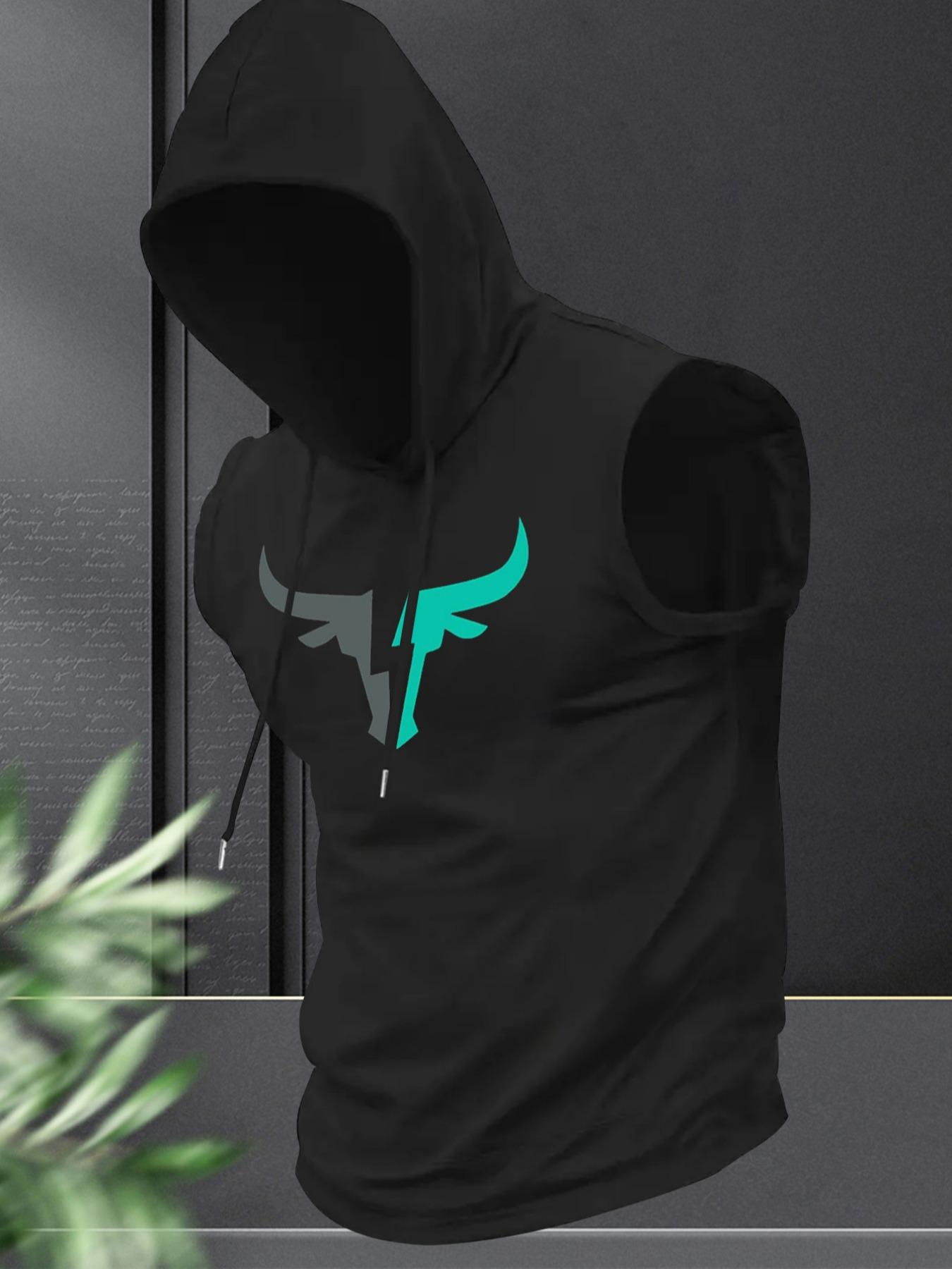 Men's Regular Fit Cartoon Bull Head Print Hooded Tank Top, Casual Fashion Sleeveless Top for Summer, Men's Clothes for Daily Wear, Sweatshirts