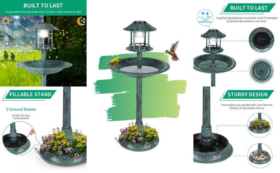 Outvita Outdoor Bird Bath, Garden Bird Baths Decorations with Solar-Powered Lamp and Resin Pedestal Flower Planter Base Bird Feeder for Yard Patio