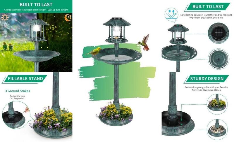 Outvita Outdoor Bird Bath, Garden Bird Baths Decorations with Solar-Powered Lamp and Resin Pedestal Flower Planter Base Bird Feeder for Yard Patio