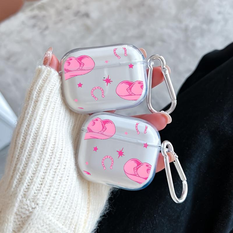 Pink Cowboy Dream Pattern TPU Soft Protective Case for Apple AirPods 4/3/2/1/Pro/Pro2 Transparent Earphone Cover with Keychain Attachment