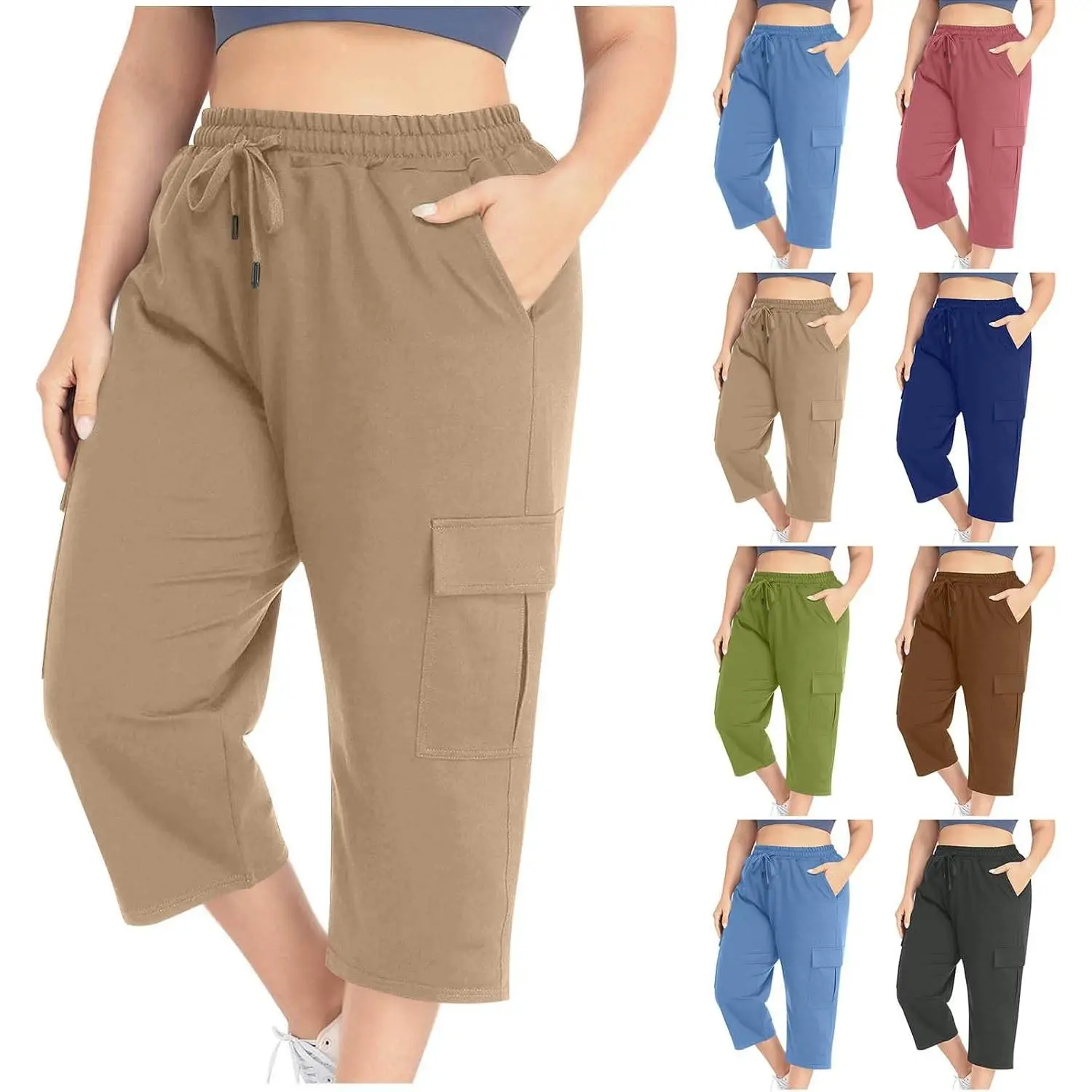 Women's Plus Size High-Waisted Elastic Cargo Sweatpants - Cute Workout Clothes for Summer Casual Travel (Long Capri Length)