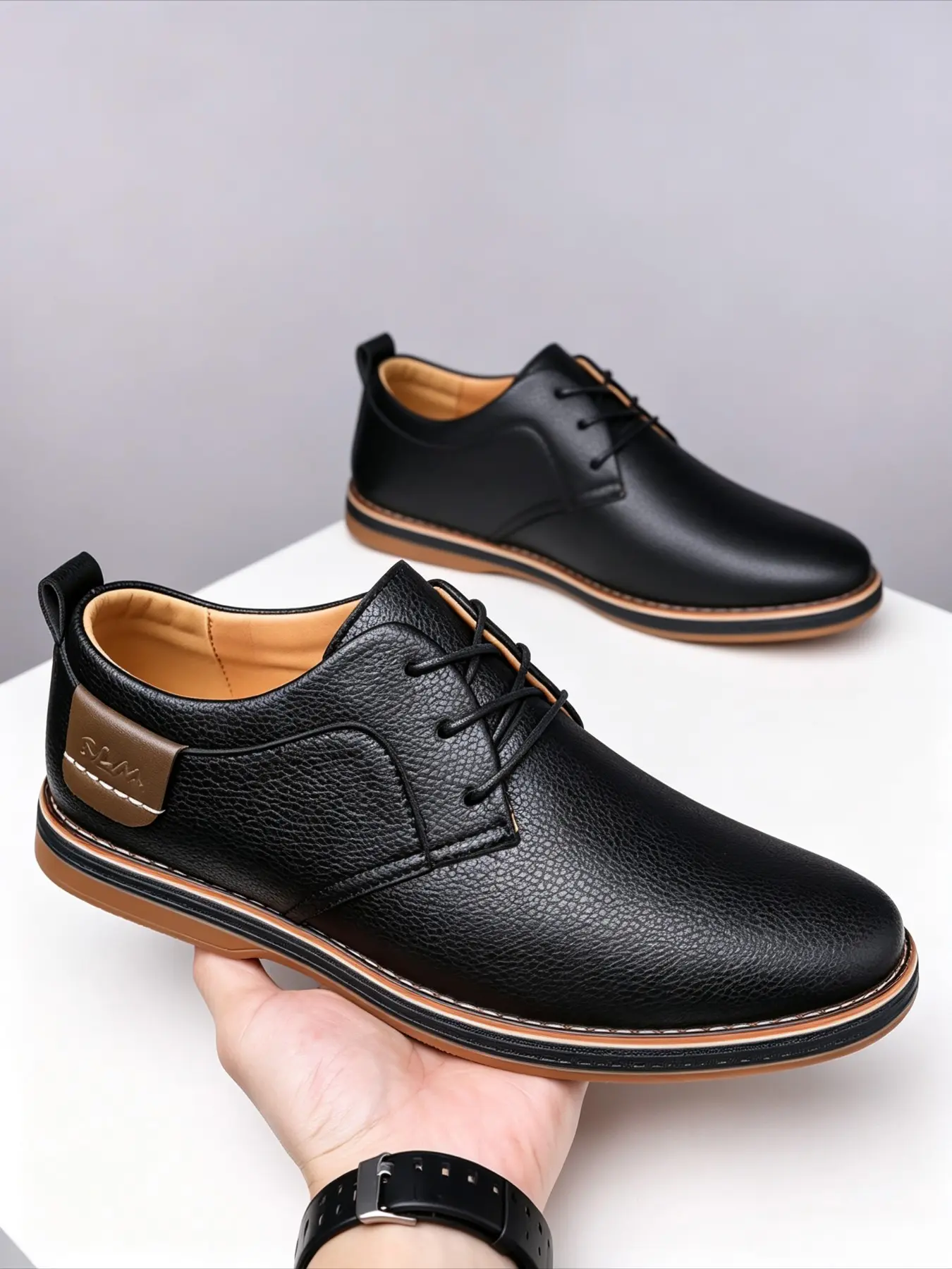 Men's Lace-Up Derby Shoes, Colorblock Edge Layered Low Heel Anti-Slip Workwear Casual Shoes, Breathable Comfort, Business Commute Style
