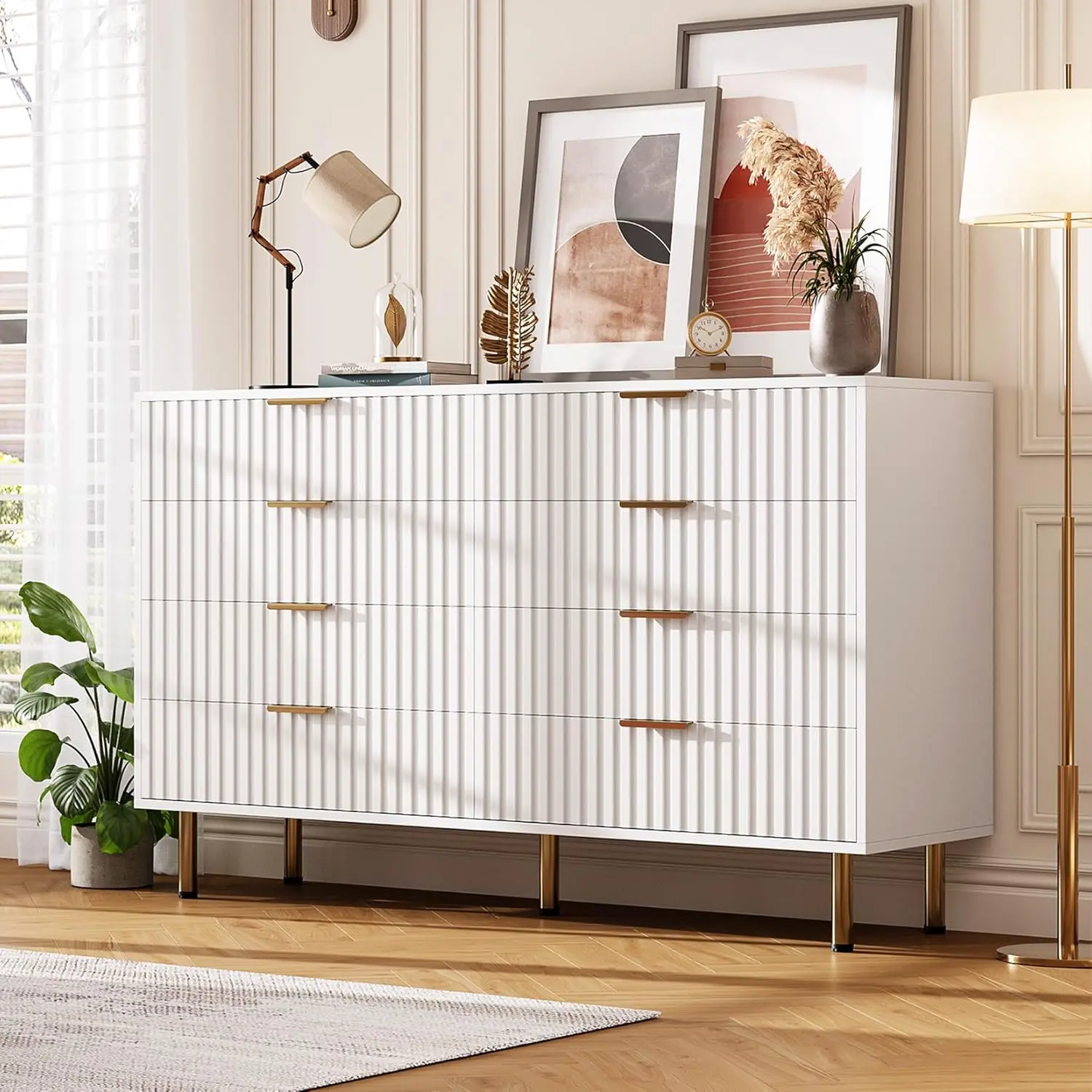 OP-54" Wide Modern Chest of Drawers, 8 Drawer Dresser for Bedroom, Wooden Dresser Organizer, Large Double Dressers TV Stand, Space saving for Living Room, Hallway