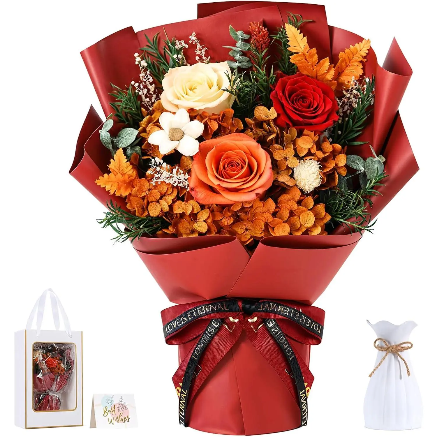Flower for Delivery, Preserved  Bouquet, Orange Roses Bouquet, Real Long-Lasting Forever Birthday  Gifts for Mom    Day Christmas Graduation, Dark-Orange