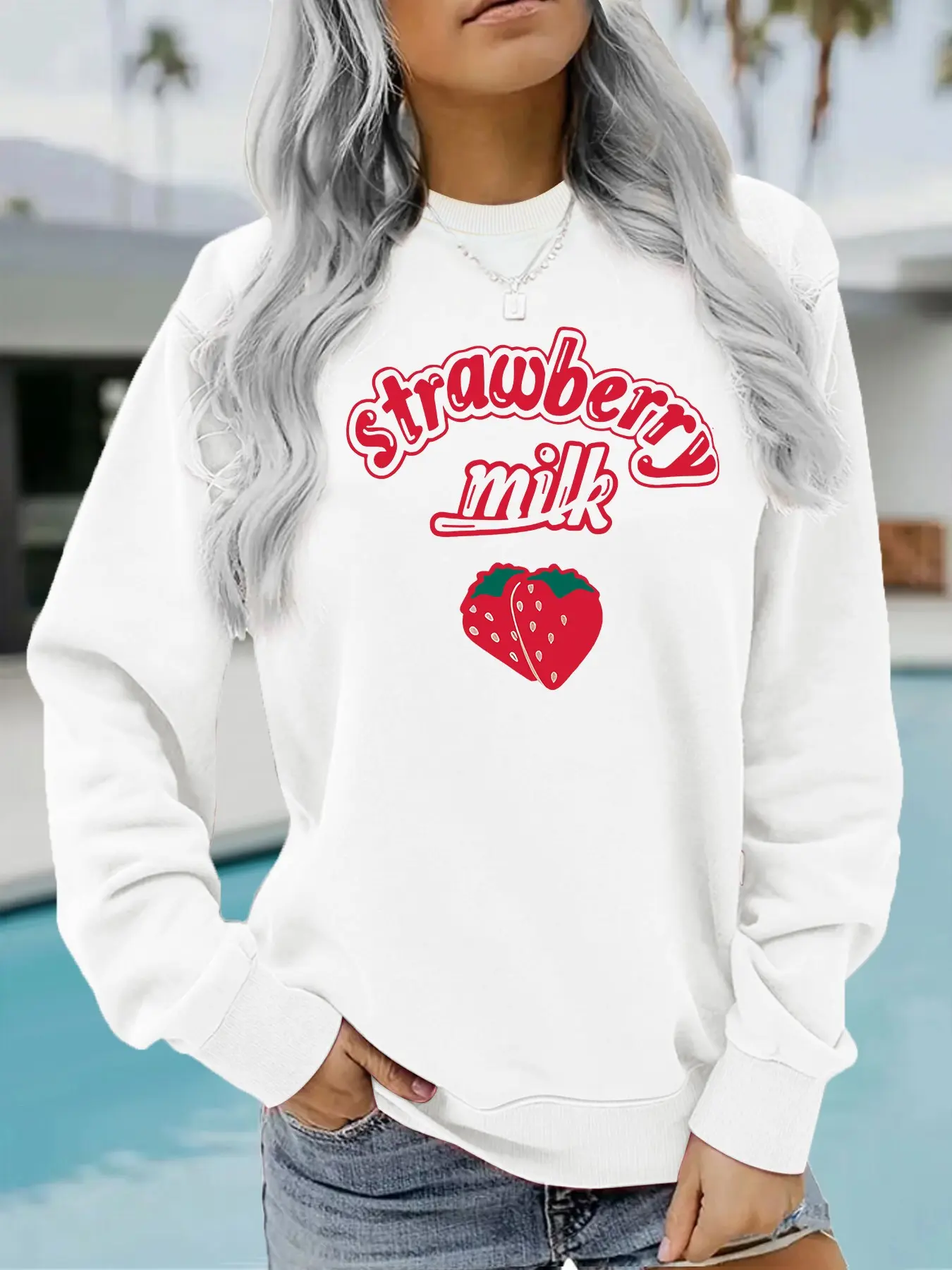 Women's Cute Strawberry Milk Print Round Neck Fleece Sweatshirt, Casual Long Sleeve, Loose Fit, All Season Comfort