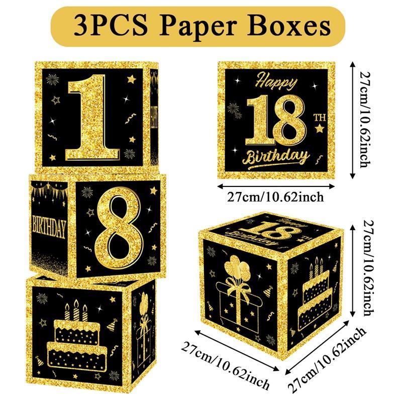Happy Birthday Box Black Gold 18th 30th 40th 50th 60th Happy Birthday Decorations for Home Adults Party Decor Gift Supplies