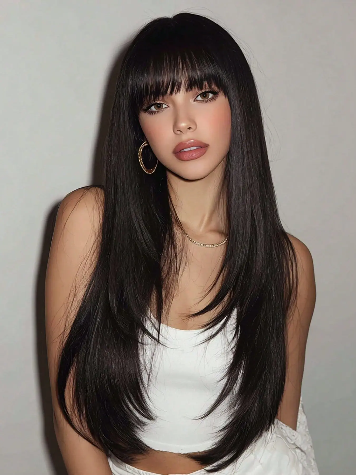 Layered Natural Black Hair Straight Long Hair Wig with Bangs 26Inch Glueless Synthetic Hair Bangs Wig for Women Daily Party Wear Fashion Wig Straight Synthetic Wigs