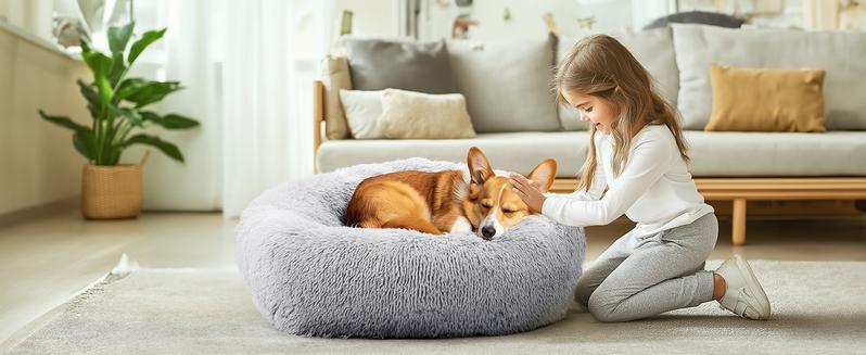 Calming Donut Cat & Dog Bed for Small Dogs, Faux Fur Plush Round Dog Bed, Anti-Anxiety Waterproof Anti-Slip, Brown, 20*20*8 Inches