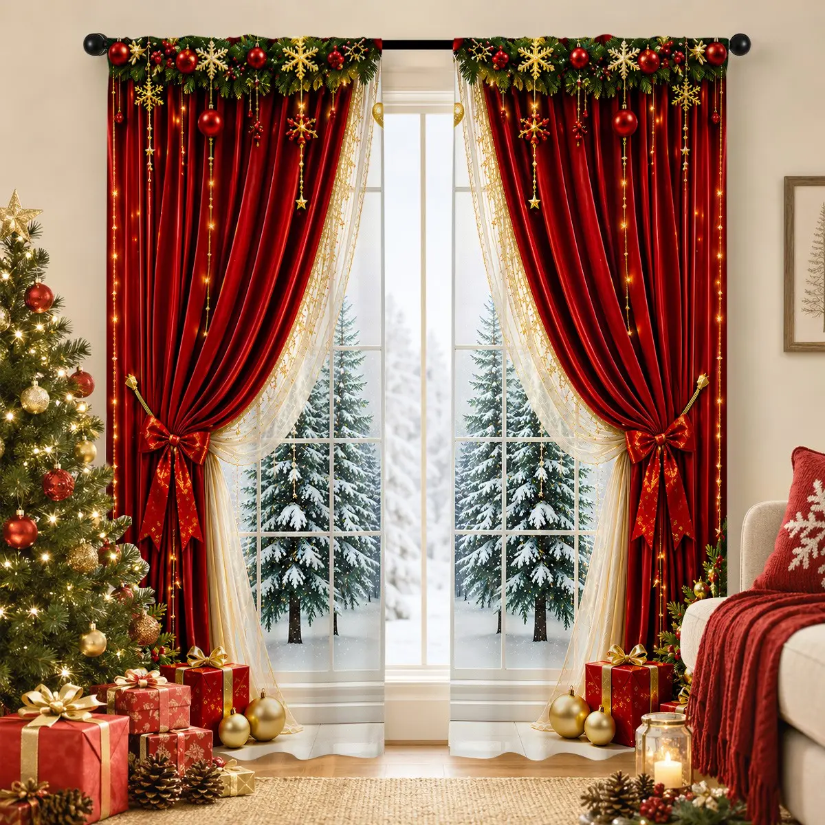 2pcs Semi-blackout curtains featuring a burgundy Christmas print with bows, string lights, and snowy pine/fir tree motifs; made of polyester; suitable for bedrooms, kitchens, studies, cafés, and more.