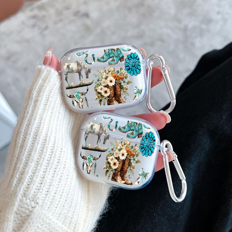 Western Charm Collage Pattern Protective Case for AirPods 4/3/2/1/Pro/Pro2 Soft TPU Earphone Cover, Transparent with Keychain