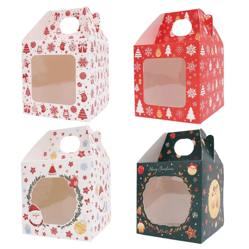 Christmas Handheld Transparent Window Gift Boxes, Holiday Favor Boxes for Cookies, Muffins and Desserts, Portable Empty Packaging Boxes