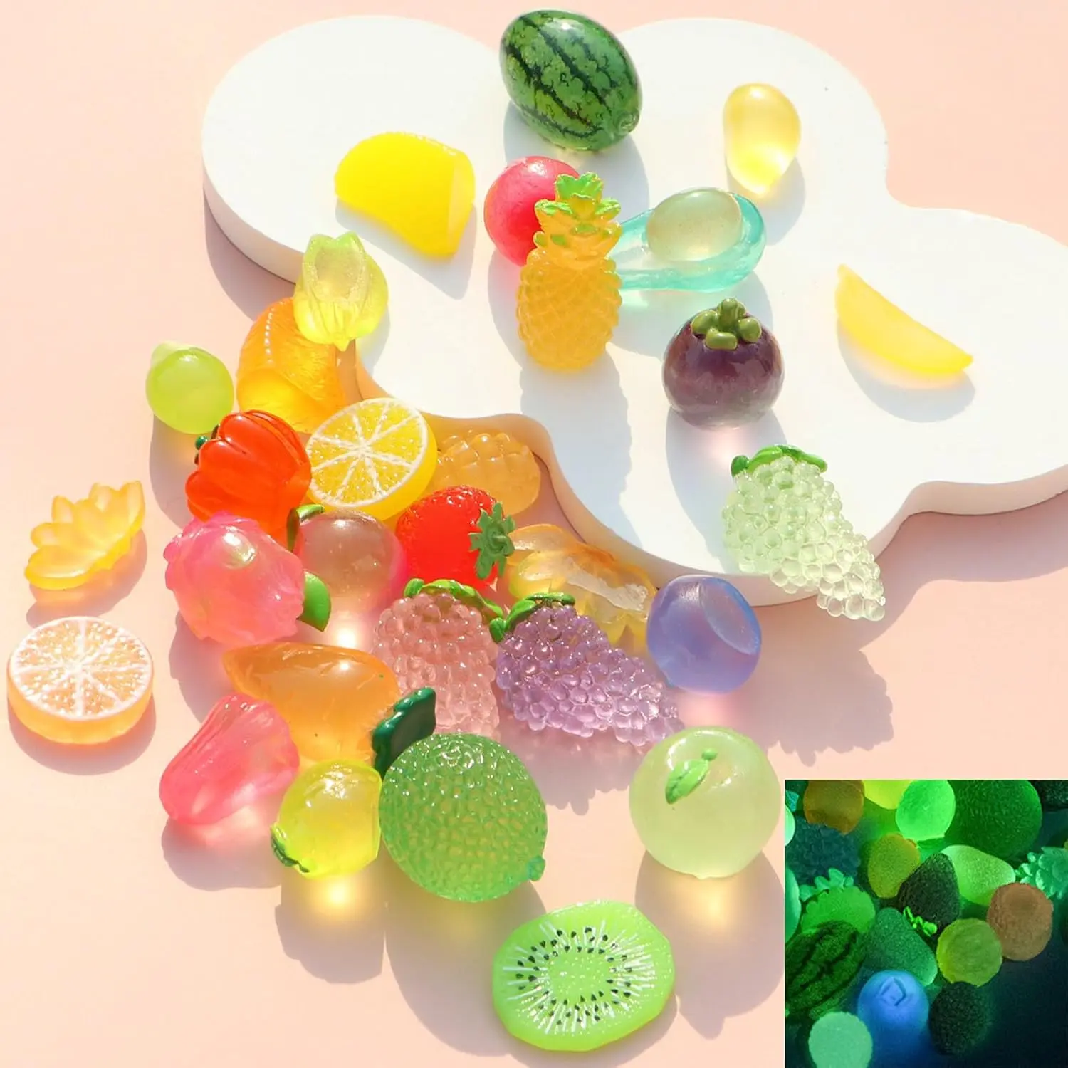 30 count Mini Artificial Fruits Luminous Decor  Glow in The Dark  Figures Small Banana  Strawberries Grapes for Party Table Garden Figurines