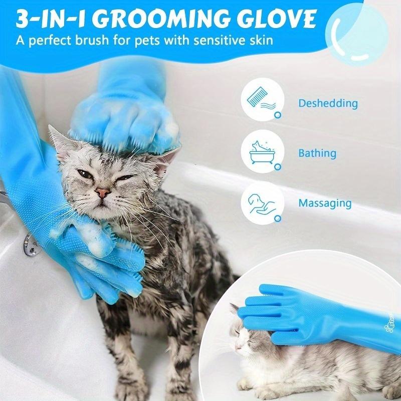 Pecute Pet Grooming Gloves, suitable for dogs and cats - Heat-resistant silicone bath gloves, high-density bristles, anti-slip hair removal gloves, used for hair removal and massage, waterproof dog and cat grooming set (blue)