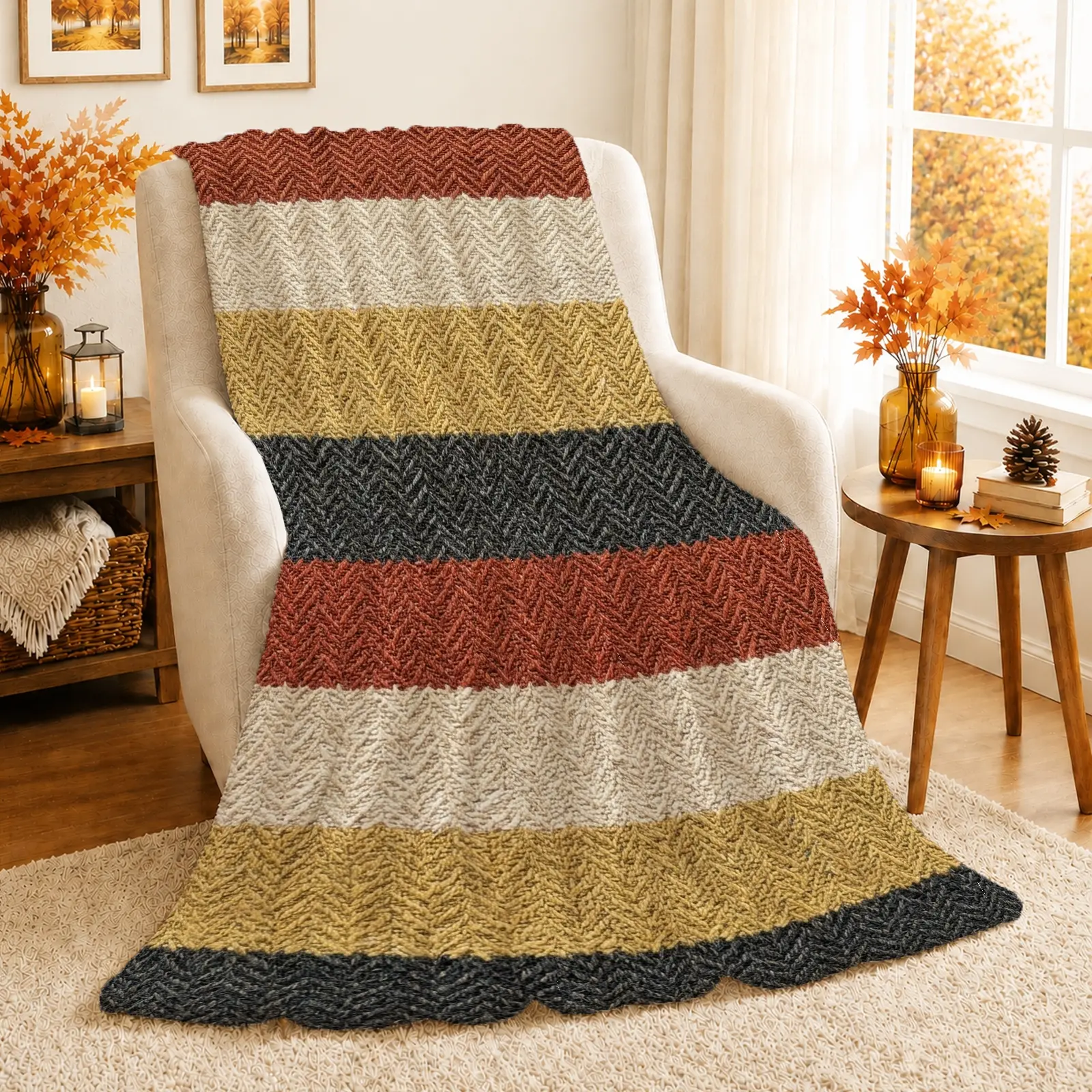 1pc Chevron Striped Blanket, Rustic Earth-Toned Style, Bold Herringbone Pattern in Warm Colors, for Sofa Bed Living Room and Fall Home Decor