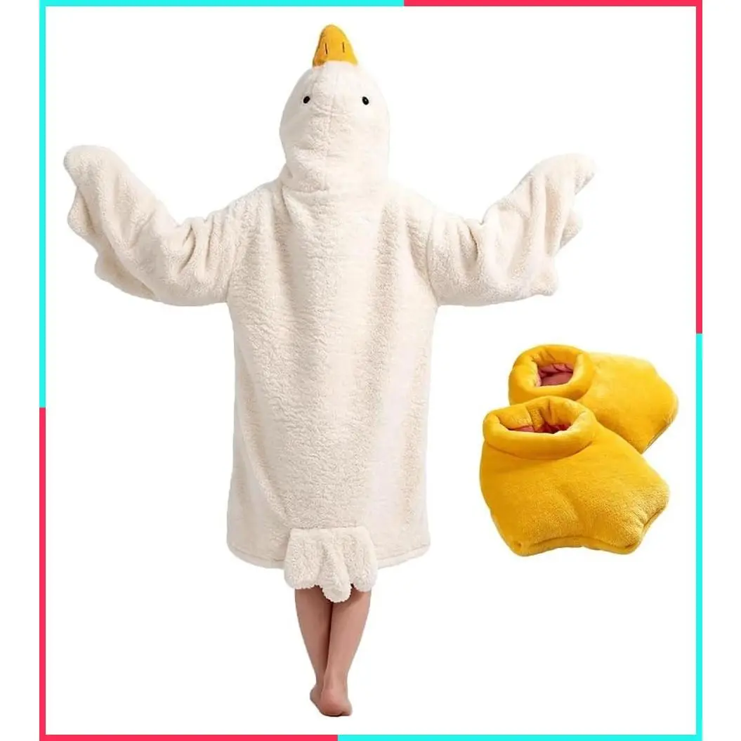 Oversized Wearable Goose Blanket Hoodie Onesie with Shoes for Adults & Kids | Warm Duck Hoodie Blanket with Sleeves, Cozy Sleeping Bag
