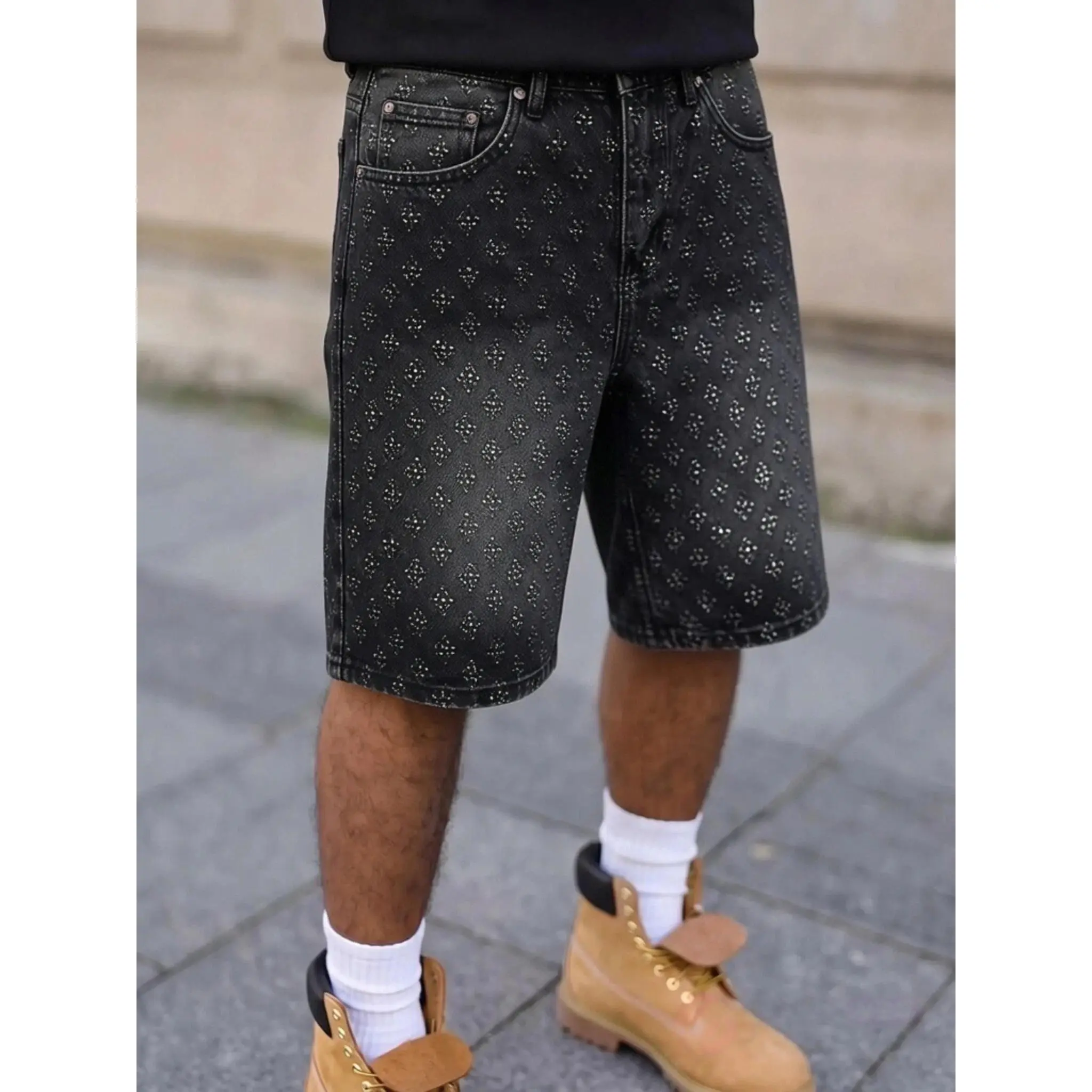 Men's High Cotton Textured Embossed Cross Motif Mens Denim Shorts, Classic Five Pocket Mid Thigh Knee Length Bermuda Denim Pants, Loose Fit Casual Outdoor Workwear Summer Jean Shorts summerwins