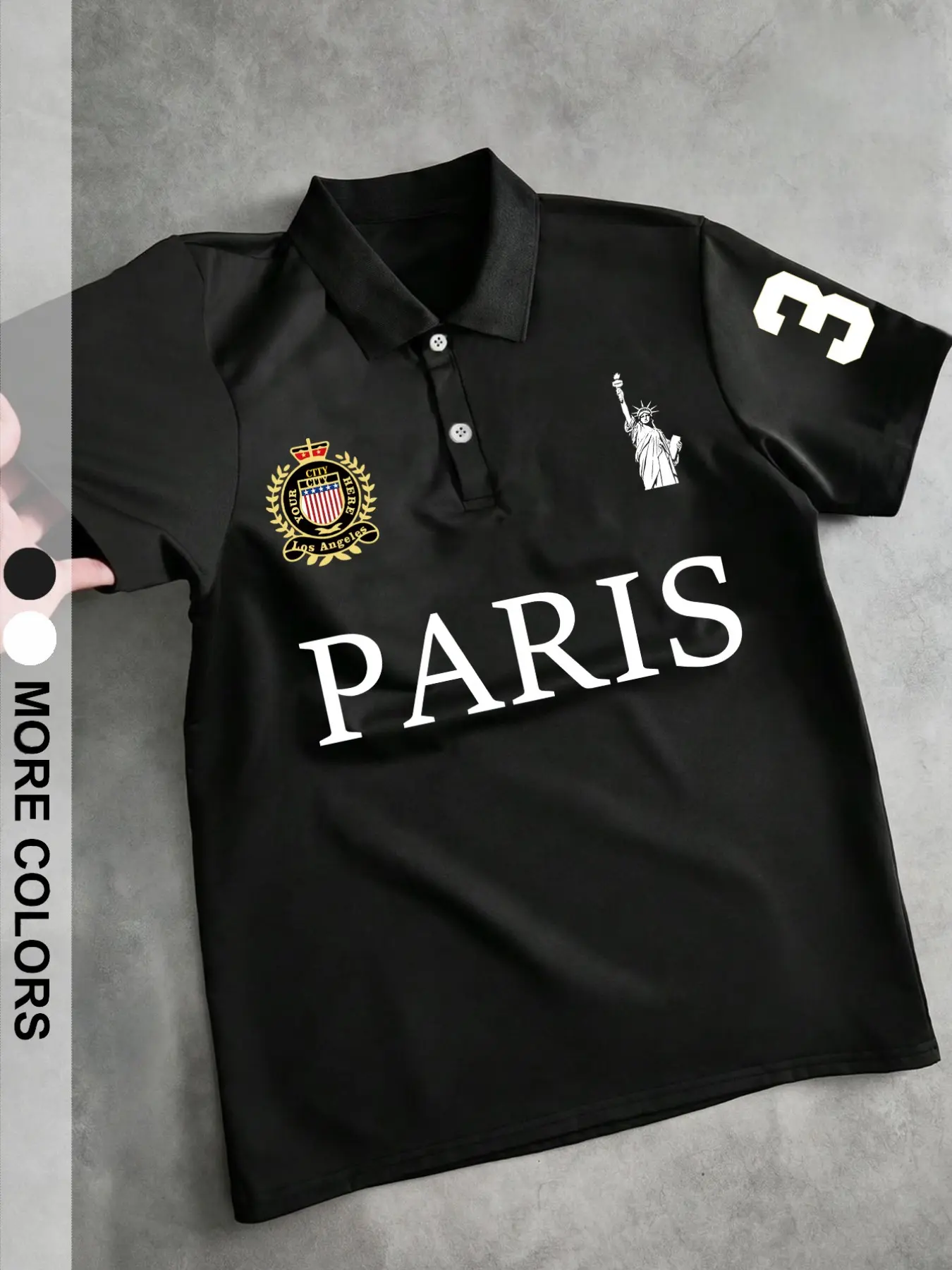 Vintage College Style Casual Short Sleeve Polo Shirt, Multi-Element Knight Badge Paris Letter Print, Loose Fit Shoulder Drop, Unisex