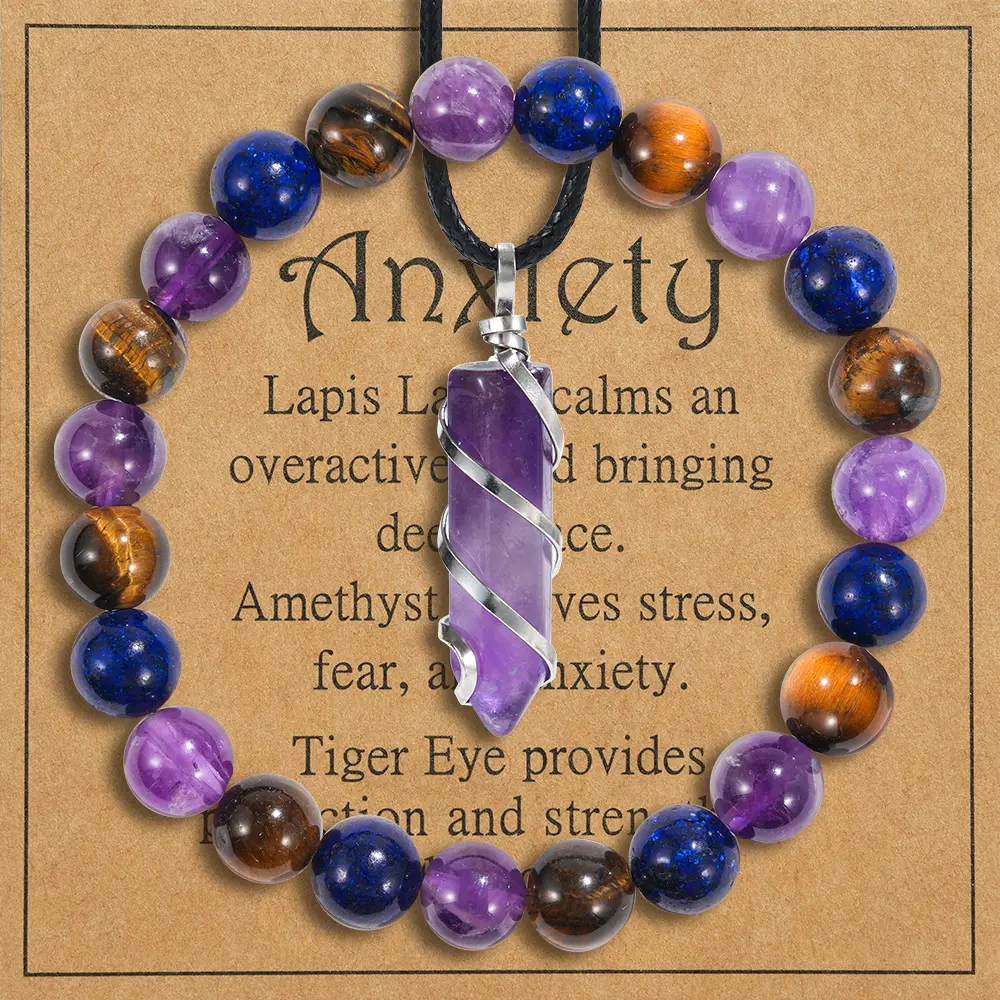 2Pcs Amethyst Tiger Eye Stone Jewelry Set, Protection Bracelet + Amethyst Necklace, Good Luck And Crystal Stone for Men And Women