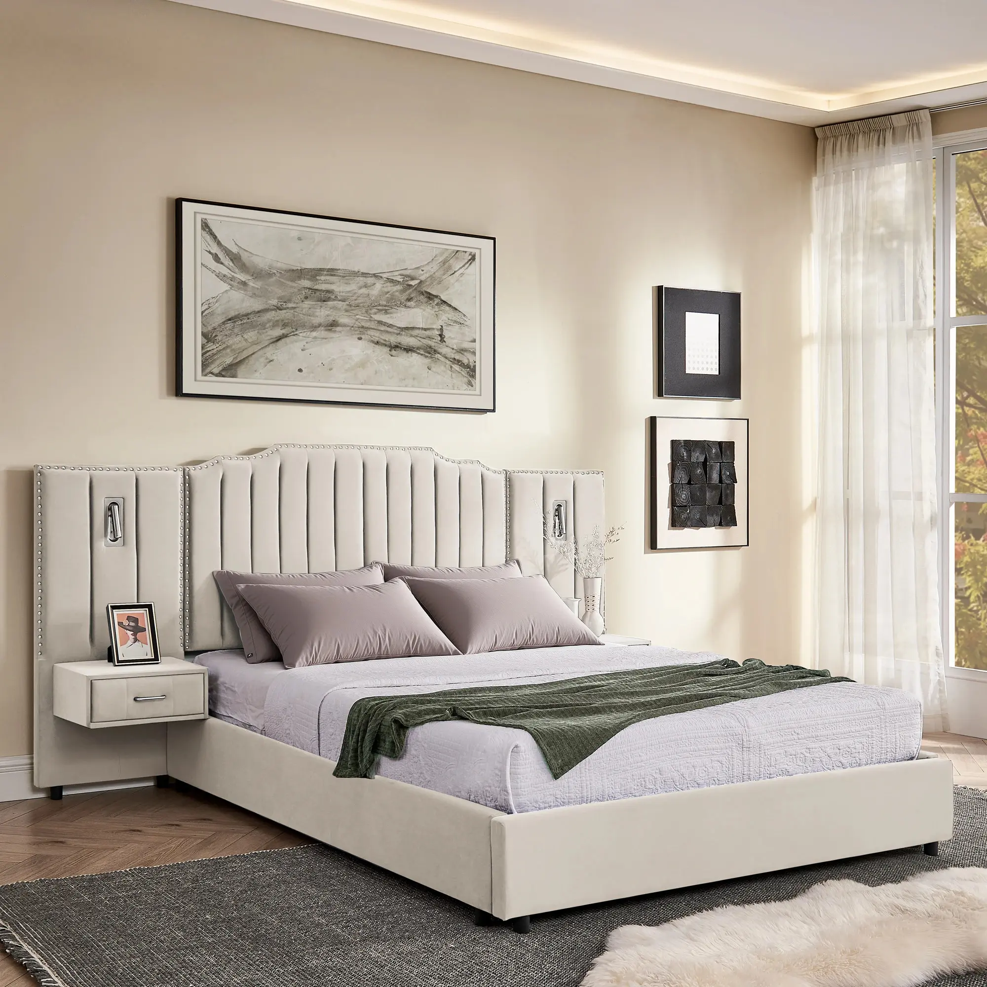 Queen Size Modern Pine & MDF Wood Upholstered Platform Bed Frame with Adjustable Flower Velvet Head, 102x85x48", Beige or Black Options, Assembly Required, Apartment-Friendly Soft Indoor Furniture